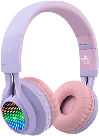 Riwbox WT-7S Bluetooth Headphones Light Up, Foldable Stero Wireless Headset with Microphone and Volume Control for Pc/Cell Phones/Tv/Ipad (Purple)