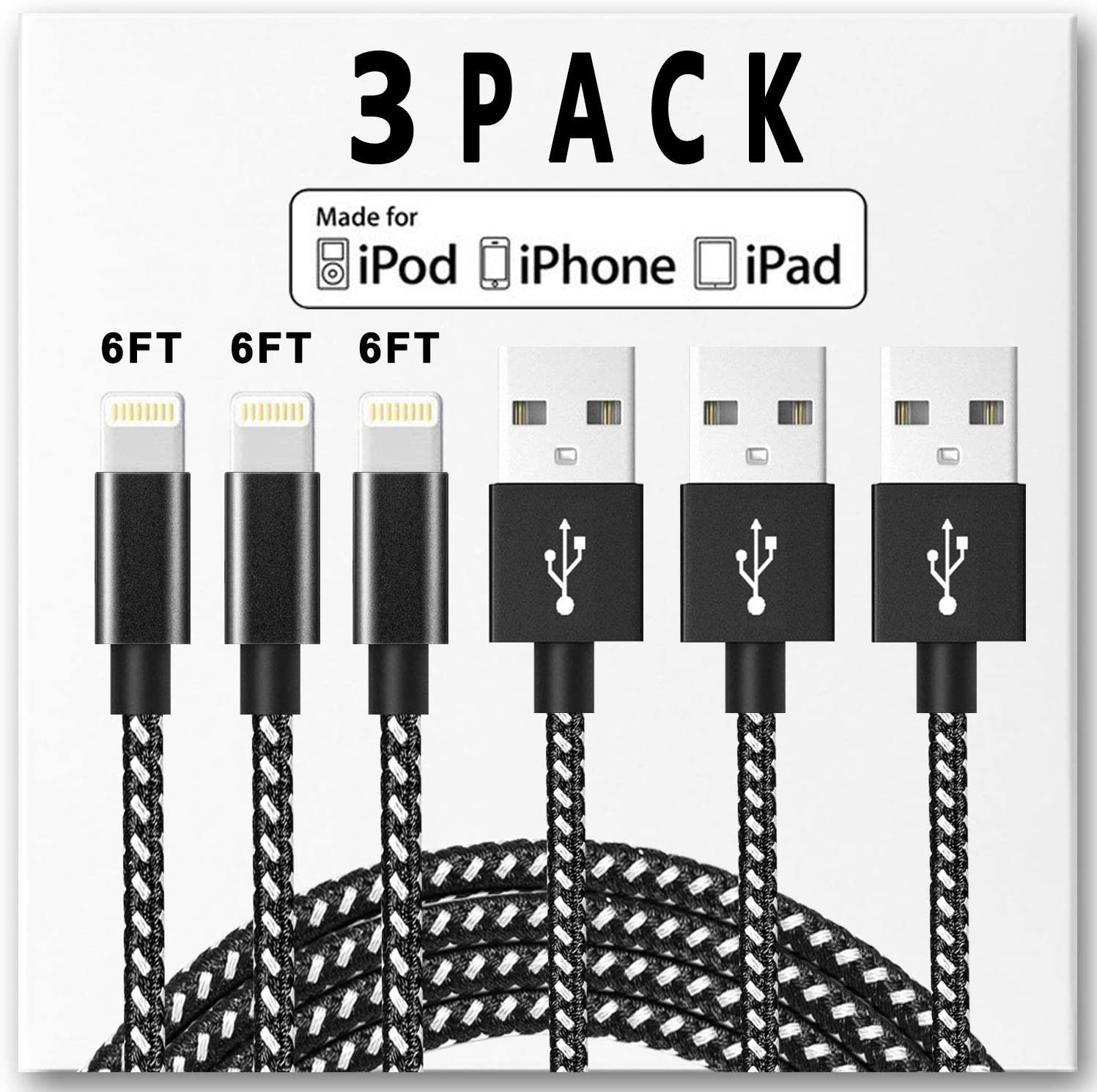 3 Pack MFi iPhone Fast Charger USB Lightning Cable for Apple Products