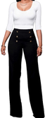 A ADILACA Women's Casual Work Office Basic Pants, Front 6-Button Sailor Trousers, High Waist Straight-Leg Long Pants