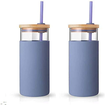 tronco 20oz Glass Tumbler Straw Silicone Protective Sleeve Bamboo Lid - BPA Free (Purple/ 2-Pack)
