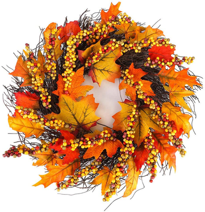 Souarts 17-18" Fall Wreath for Front Door, Maple Leaf Fall Thanksgiving Wreath, Fall Front Door Wreath for Indoor Outdoor Home Office Wall Holiday Halloween Thanksgiving Fall Decor Wreath