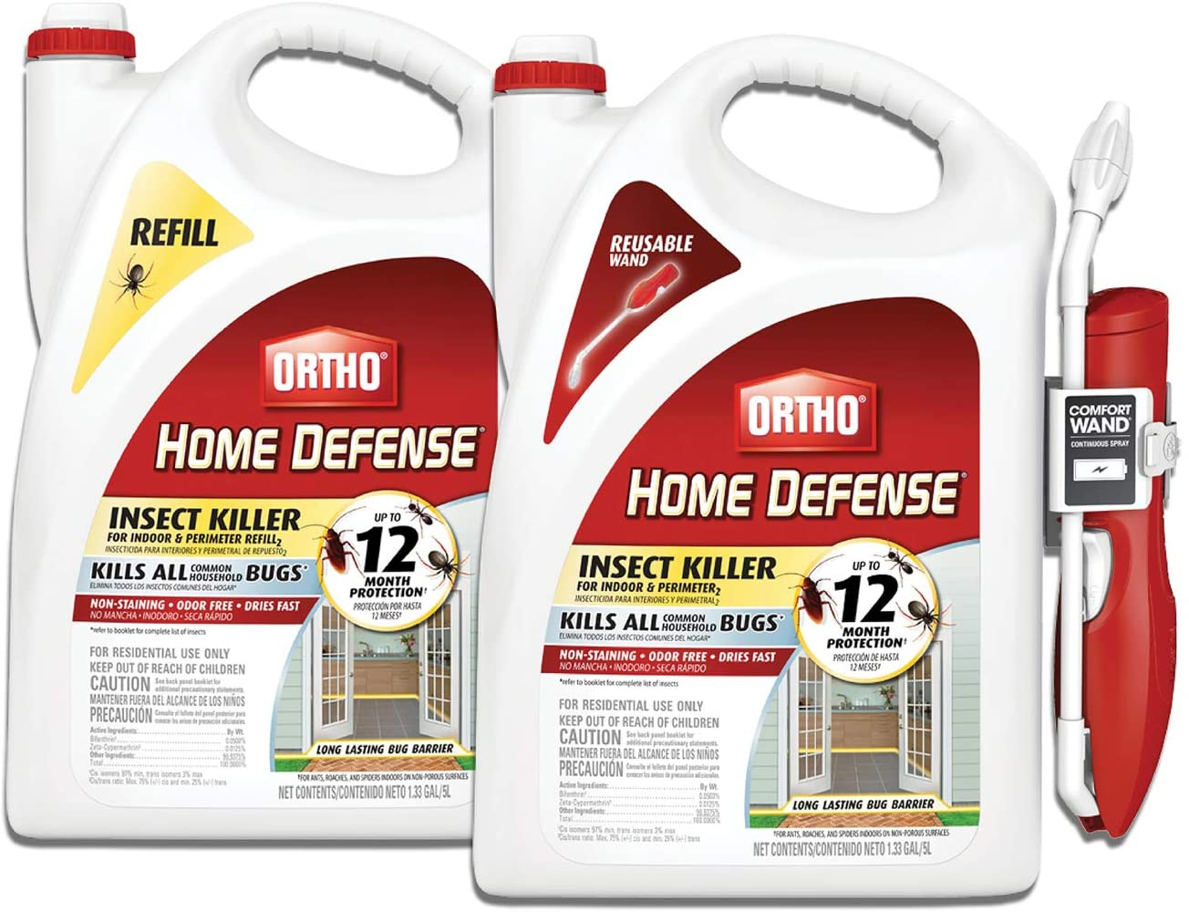 Ortho Home Defense Insect Killer for Indoor & Perimeter2: with Comfort Wand, Kills Ants, Cockroaches, Spiders, Fleas & Ticks, Odor Free, 1.1 Gal.