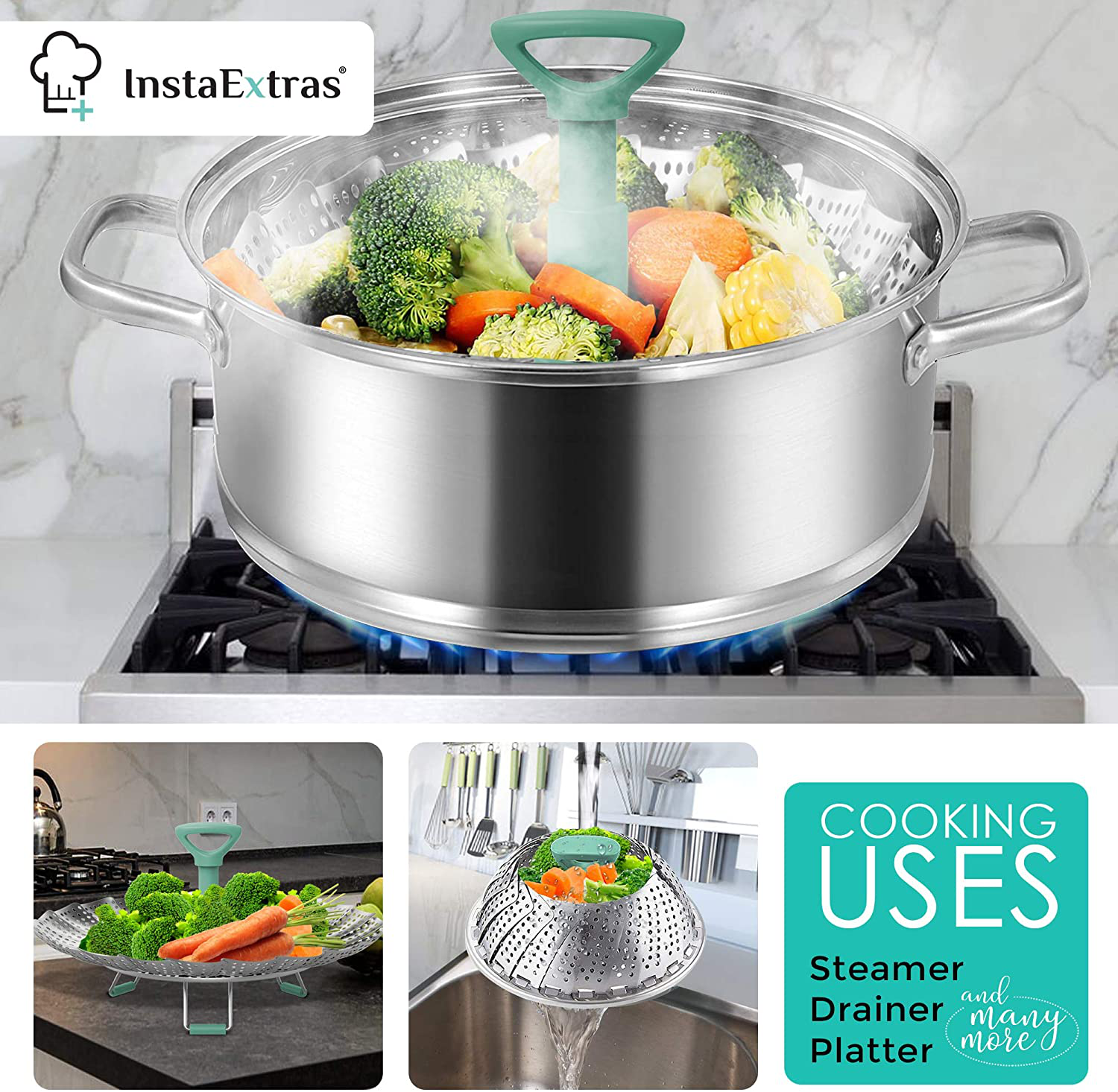 Stainless Steel Expandable Steamer Basket - Collapsible Steam Cooking Insert for Steaming Food, Vegetable - Compatible with Instant Pot 3 6 8 Qt, Pressure Cooker, 5-9 Inch Adjustable Fits Any Size Pan