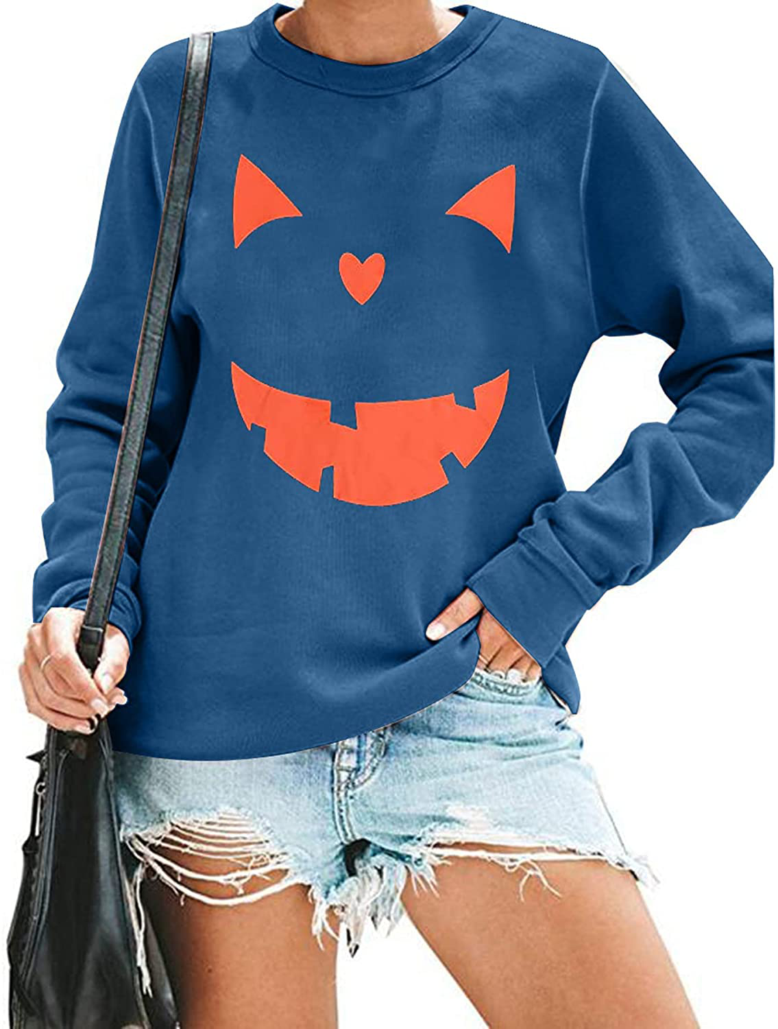 Women's Halloween Pumpkin Face Long Sleeve Sweatshirts Lightweight Casual Pullover Tops