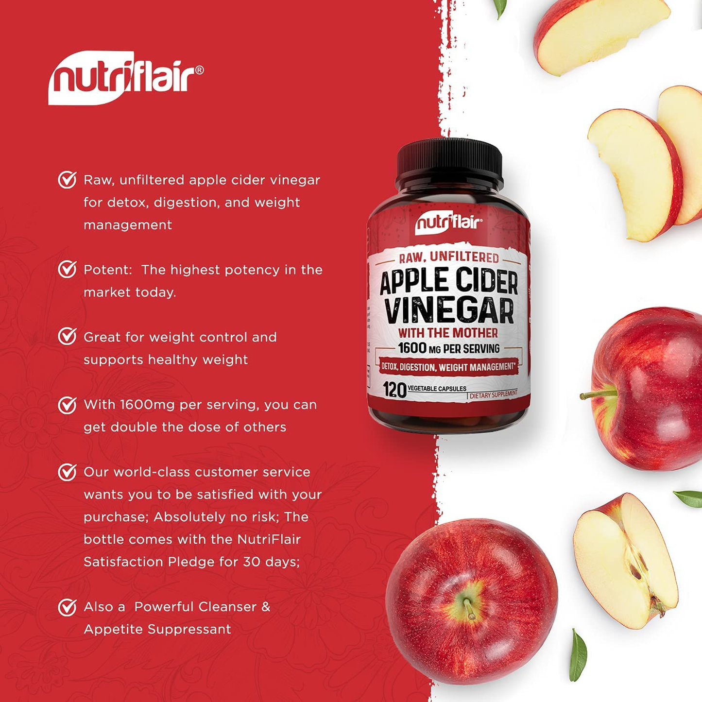 Apple Cider Vinegar Capsules with Mother 1600Mg - 120 Vegan ACV Pills - Best Supplement for Healthy Weight Loss, Diet, Keto, Digestion, Detox, Immune - Powerful Cleanser & Appetite Suppressant Non-Gmo