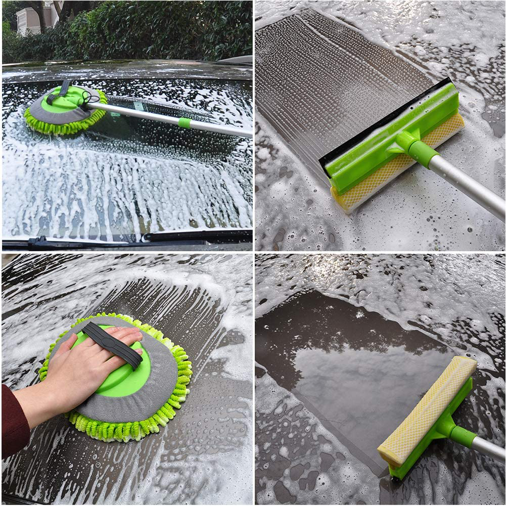 CARCAREZ 3 in 1 Microfiber Car Wash Brush Mop with 45" Aluminum Alloy Long Handle, Silicone Window Squeegee and Scrubber Sponge