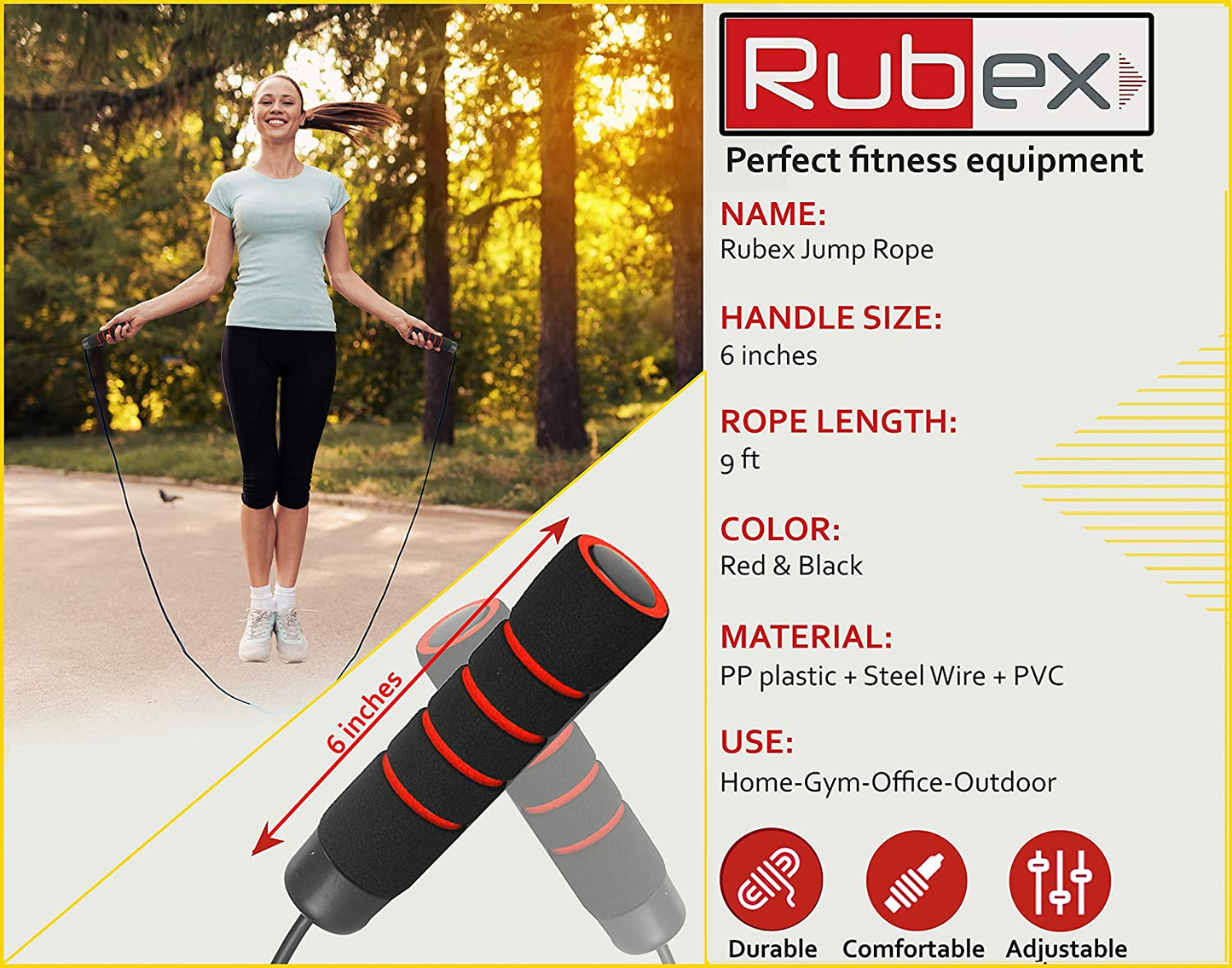 RUBEX Weighted Jump Rope (0.5 LB) with Non-Slip Memory Foam Handles - for Crossfit, Boxing, Strength and Endurance, Exercise Fitness, Adjustable Skipping Rope for Men, Kids, Women - Solid PVC