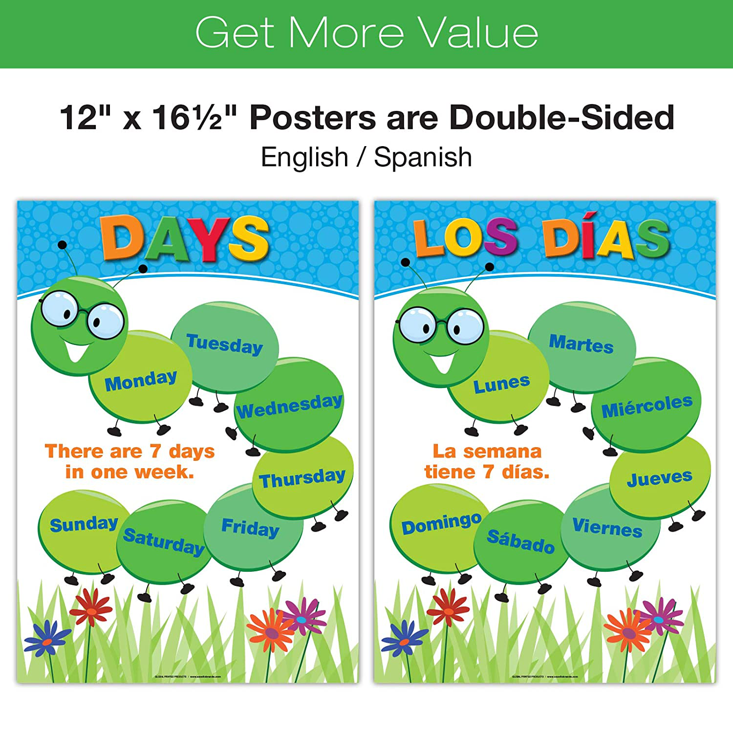 20 Large Educational Posters For Kids Toddlers (16.5x12 Double Sided English and Spanish) Includes: Alphabet Colors Letters Numbers Shapes Months Days Weather Time Animals Solar System Seasons Map