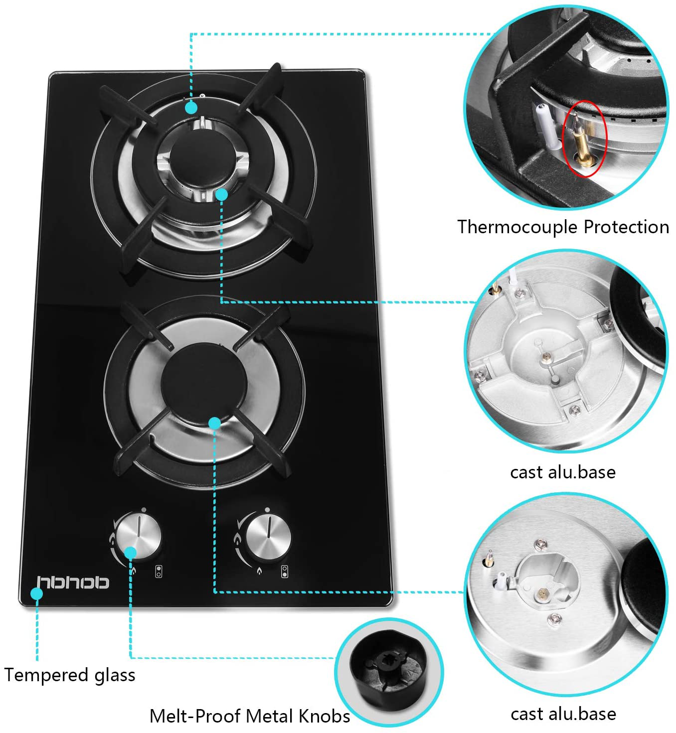 12 In Gas Stove High Gas Cooktop Gas Hob Stove Top 2 Burners Gas Range Double Burner Gas Stoves Kitchen Slope Edge Tempered Glass