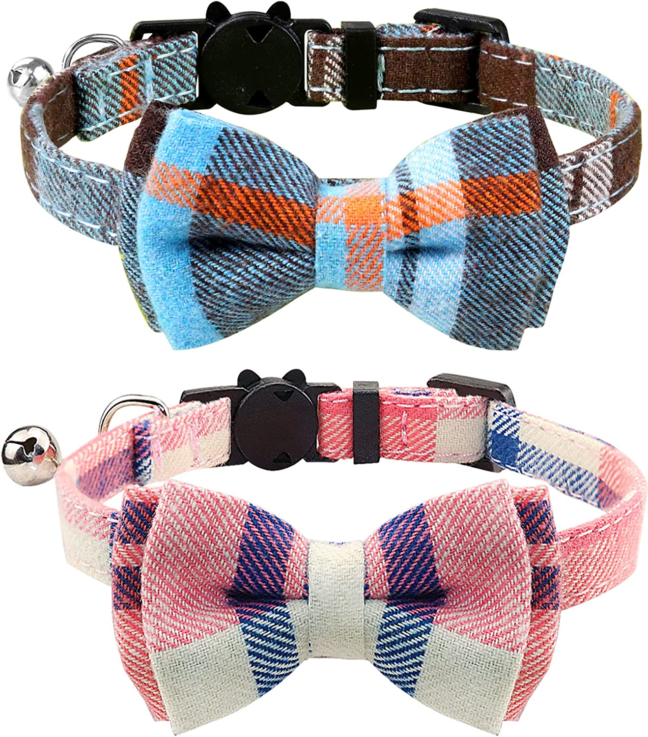 Joytale Breakaway Cat Collar with Bow Tie and Bell, Cute Plaid Patterns, 1 Pack Kitty Safety Collars,Haze Blue