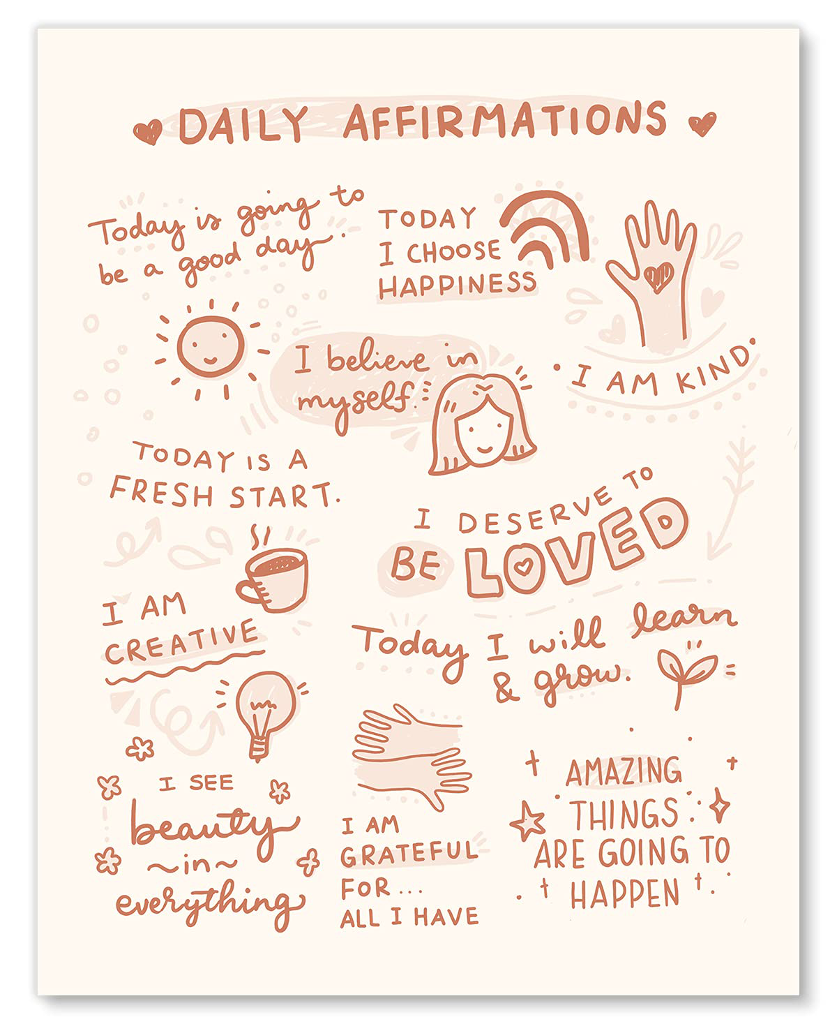 Inspirational Wall Art Affirmations Poster - Original Hand Drawn Artwork - Motivational Positive Self Love Quotes - Decor for Office, Bedroom, Kids Teens Girls Women - 8x10 - Unframed