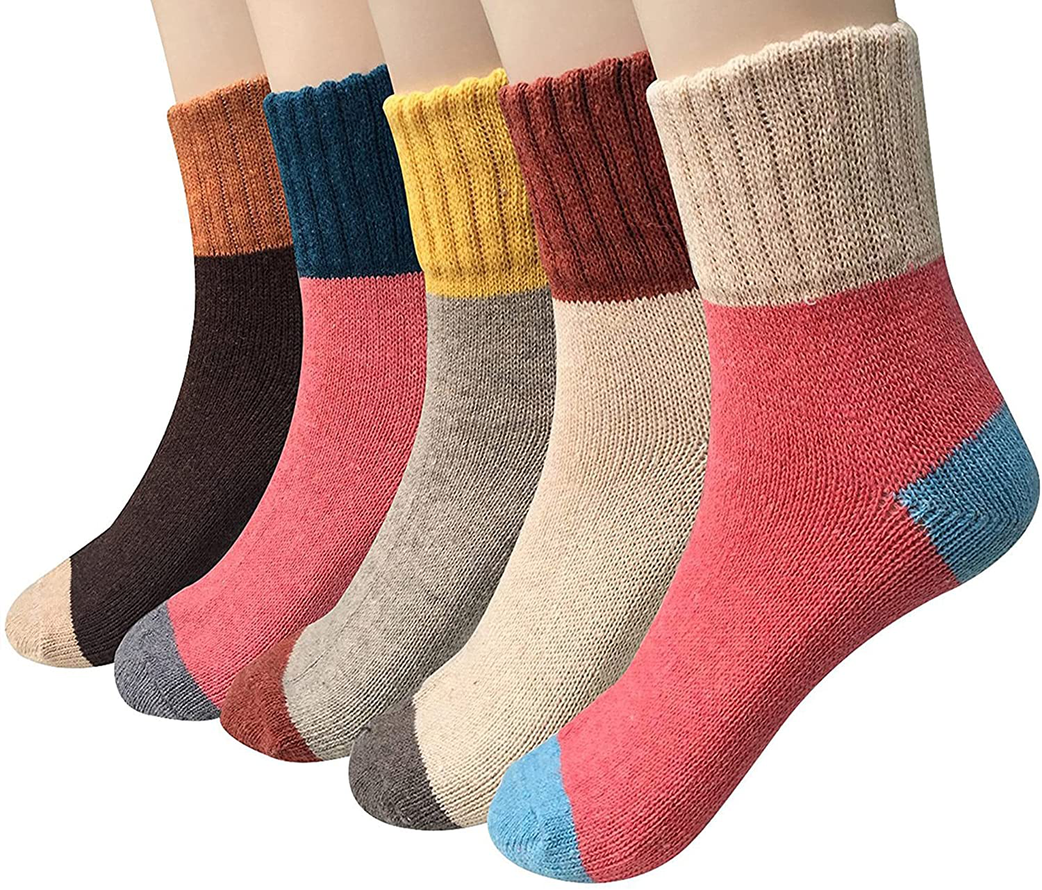 Womens Wool Socks, 5 Pairs Vintage Thick Knit Winter Warm Socks for Women Men Gifts