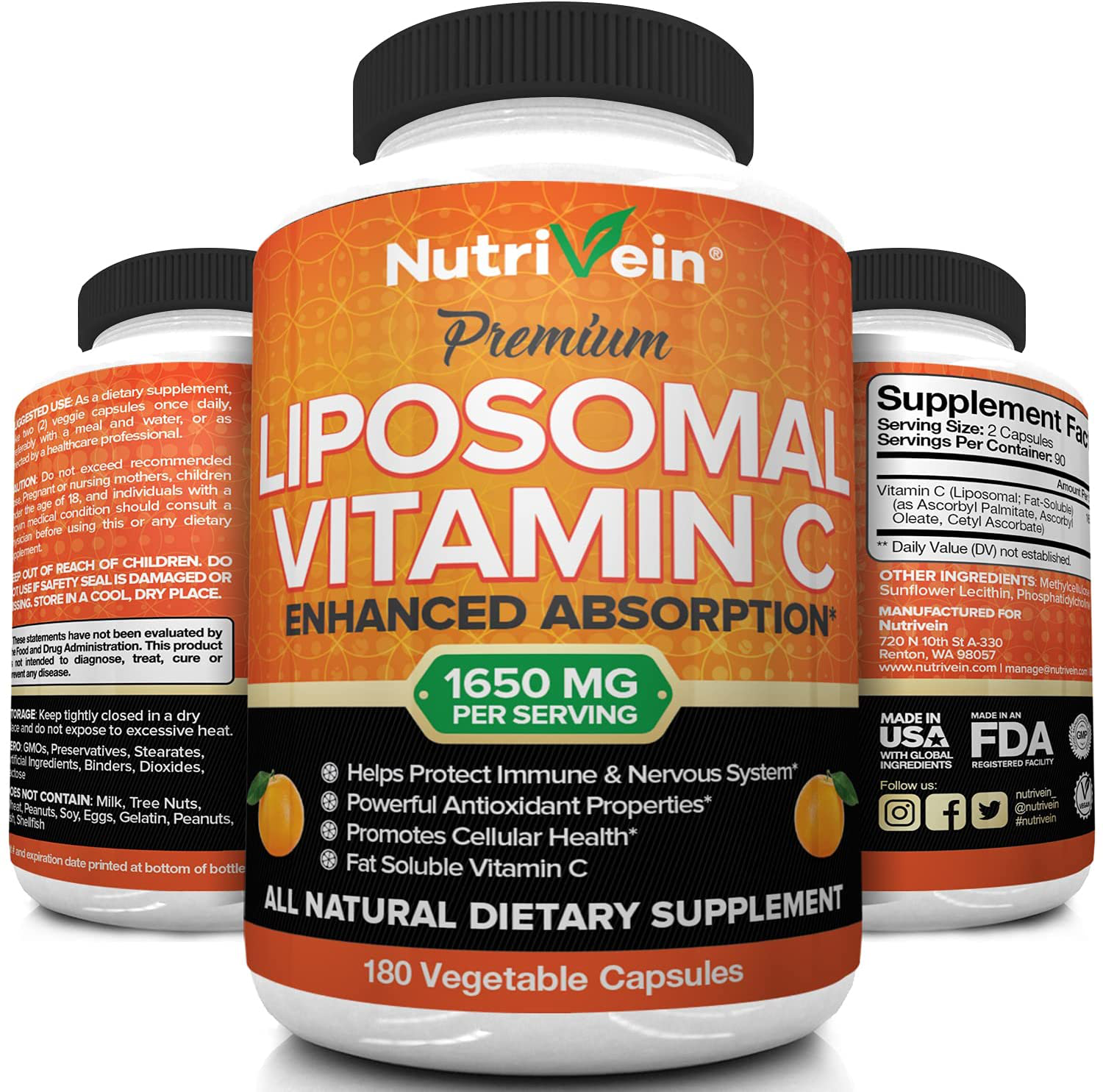 Nutrivein Liposomal Vitamin C 1650Mg - 180 Capsules - High Absorption Ascorbic Acid - Supports Immune System and Collagen Booster - Powerful Antioxidant High Dose Fat Soluble Supplement