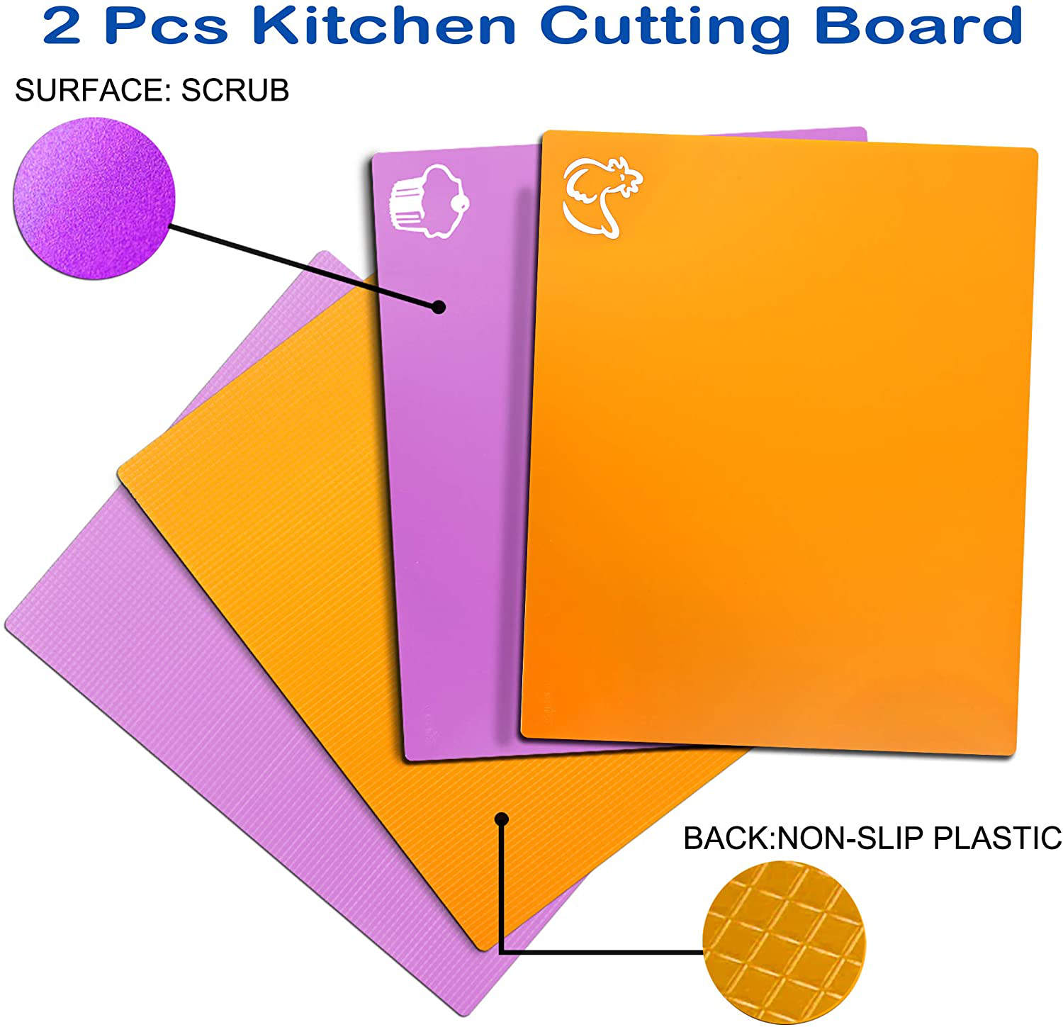 Flexible Plastic Kitchen Cutting Board Mats Set, Dishwasher Safe, Food Icons , Textured Grip Bottom Prevents Slipping, Non-Porous Colorful, Translucent Colors (Set of 4) by Orrdice
