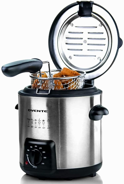 Ovente Electric Oil Deep Fryer 0.9 Liter with Stainless Steel Basket and Temperature Control, 840 Watt Power with Heating Element, Perfect for Chicken Fries Compact & Easy Storage, Silver FDM1091BR