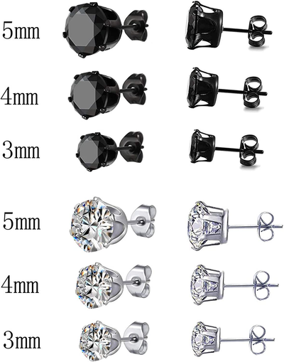 6 Pair Stainless Steel Mens Womens Stud Earrings Set Black and Clear round Cubic Zirconia Inlaid Pierced Hypoallergenic 3-5Mm(12Pcs,3 Pairs Black,3 Pairs Clear)
