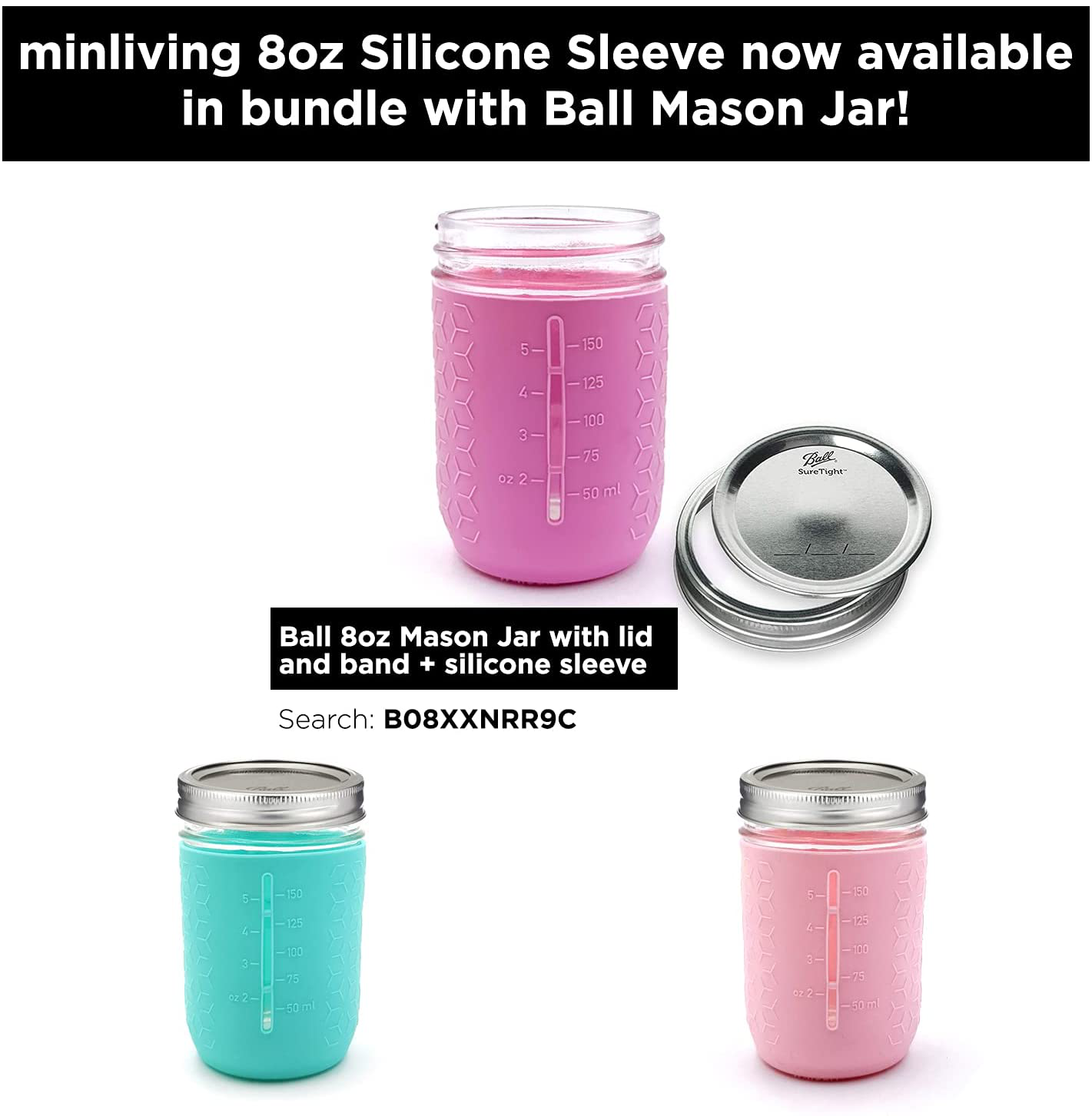 minliving Silicone Mason Jar Protector Sleeve 8oz (Half Pint) Fits Ball, Kerr Regular-Mouth Jars, Kids Cup Holder (Pink, 1) Jar not included previously known as HallGEMs