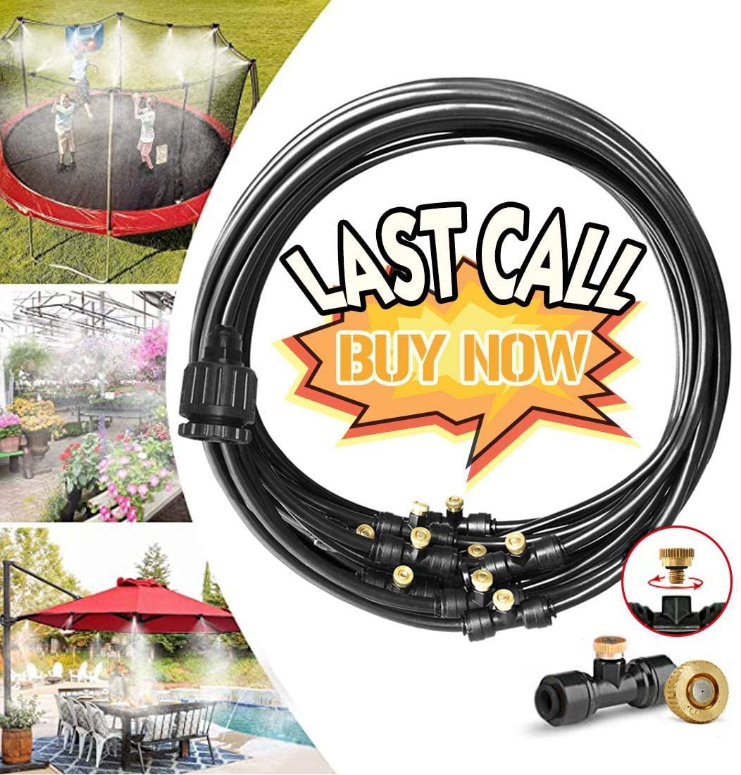 Misting Cooling System Water Irrigation Fan Misting Mister Kit 33FT Misting Line + 12 Brass Mist Nozzles + 3/4” and 1/2” PVC Adapter for Outdoor Patio Garden Greenhouse