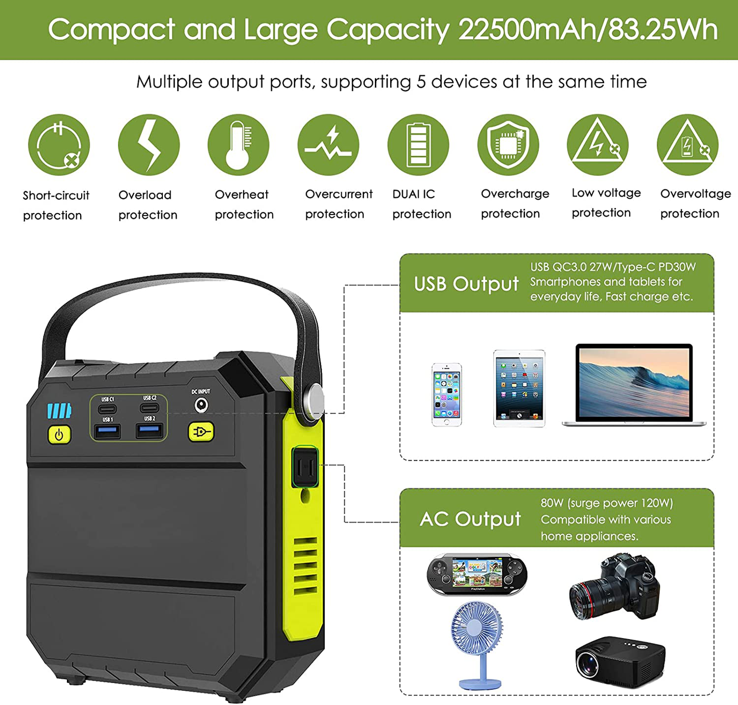 Portable Power Station, 83Wh Solar Generator 22500mAh Camping Lithium Battery Emergency Power Station with AC Outlet 4 USB Ports, Power Supply with Super Bright Flashlight for Camping Outdoor Home