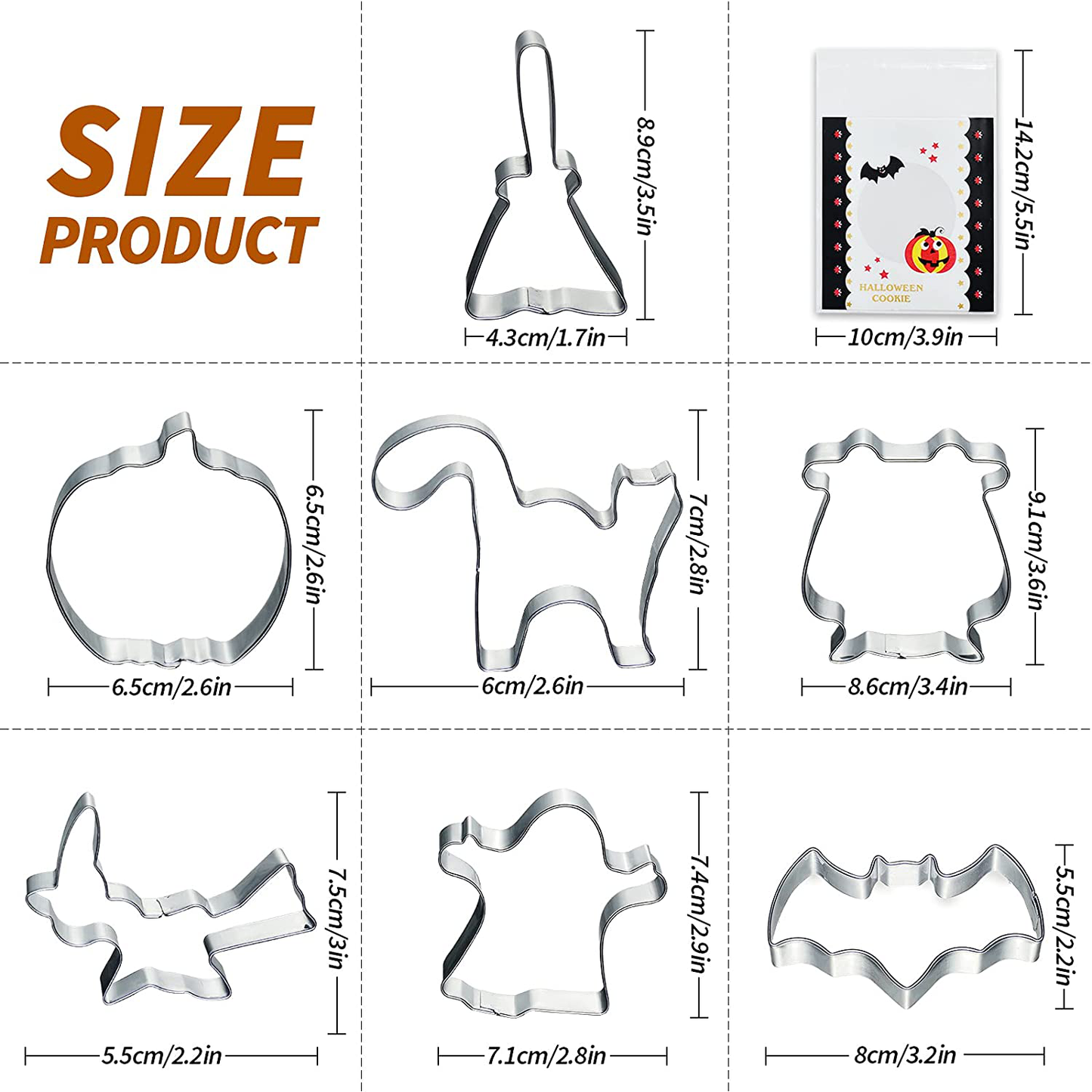 7PCS Halloween Cookie Cutters Stainless Steel Large Cookie Cutter for Baking Cookies-Pumpkin, Bat, Ghost, Cat Broom,Owl and Witch Hat Shapes Trick or Treat Supplies with 50 Cookie Bags