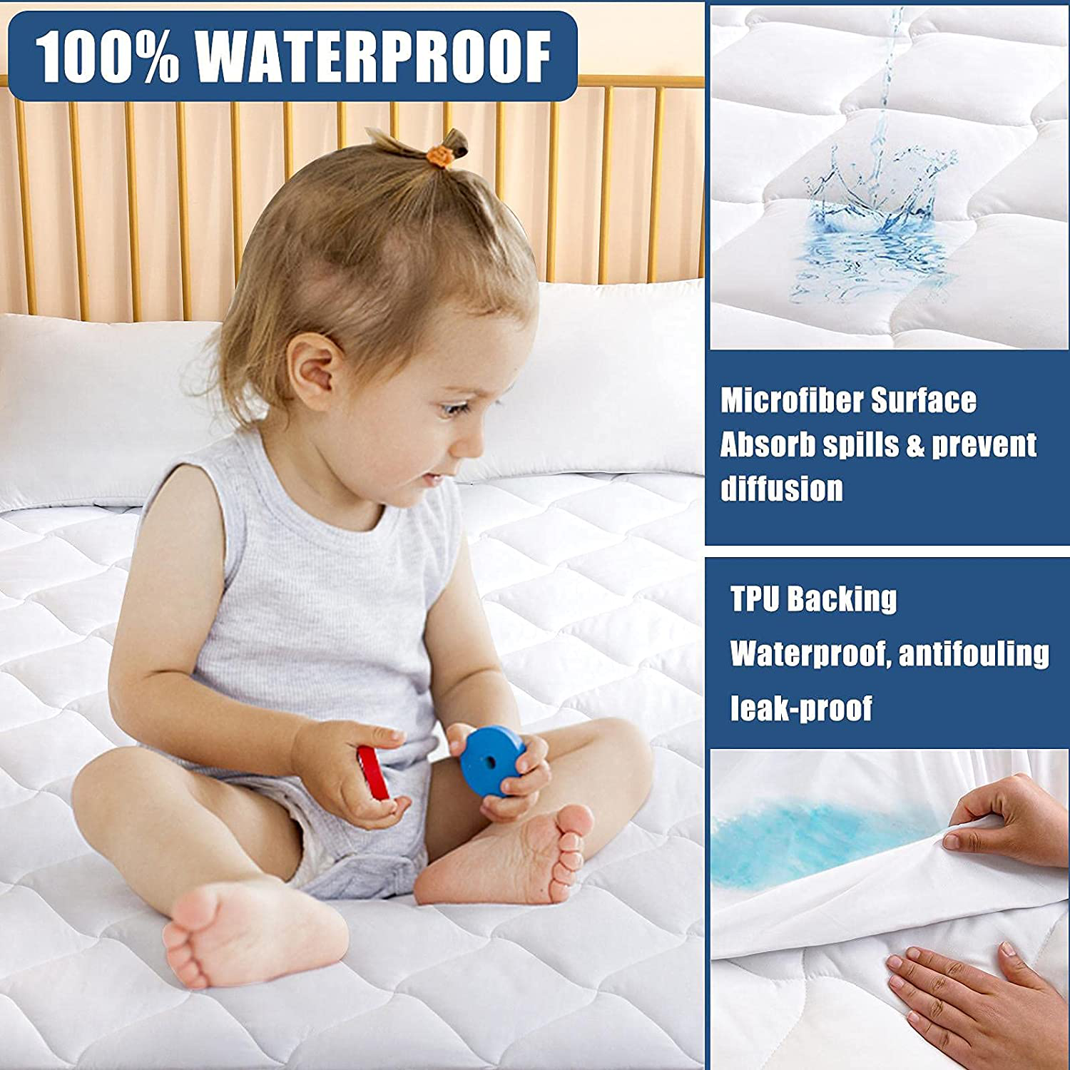 Twin Size Quilted Fitted Mattress Pad, Waterproof Breathable Cooling Mattress pad, Stretches up to 21 Inches Deep Pocket Hollow Alternative Filling Noiseless Mattress Cover