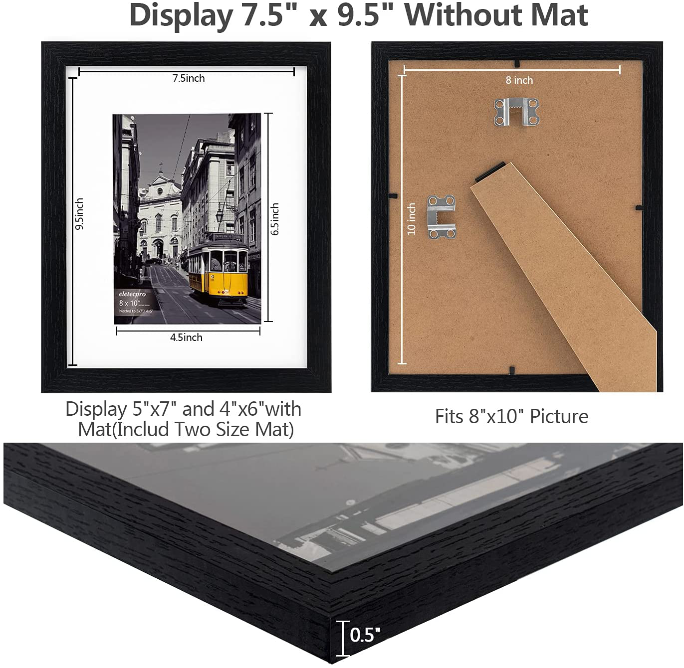 eletecpro 8x10 Picture Frames Set of 10, Display 4x6 or 5x7 Photo Frame with Mat or 8x10 Without Mat, Wall Gallery Photo Frames, Table Top Display or Wall Mounting (Black, 8x10)