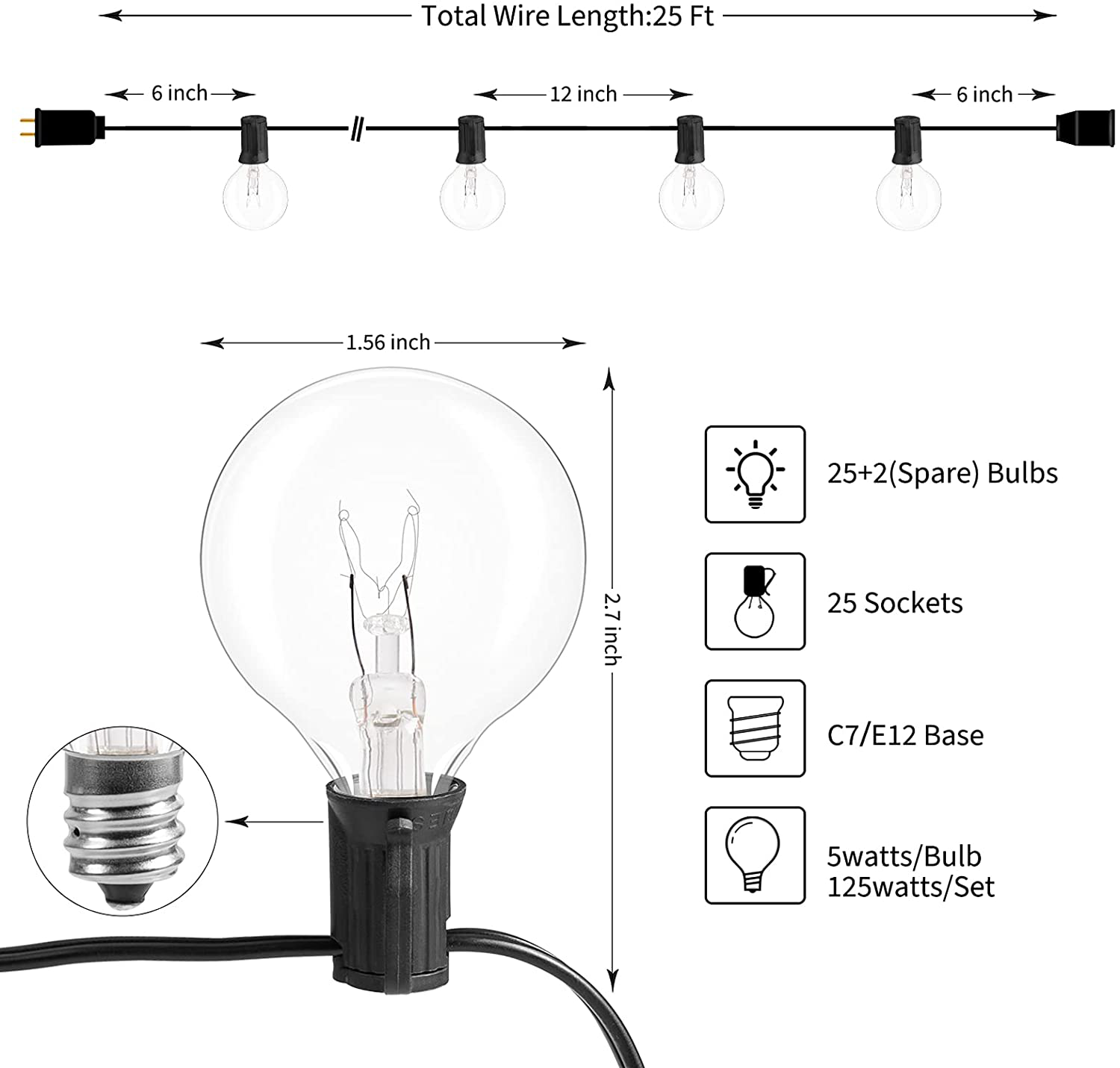 Outdoor String Lights G40 Globe Patio Lights with 27 Edison Glass Bulbs(2 Spare), Waterproof Connectable Hanging Light for Backyard Porch Balcony Party Decor, E12 Socket Base