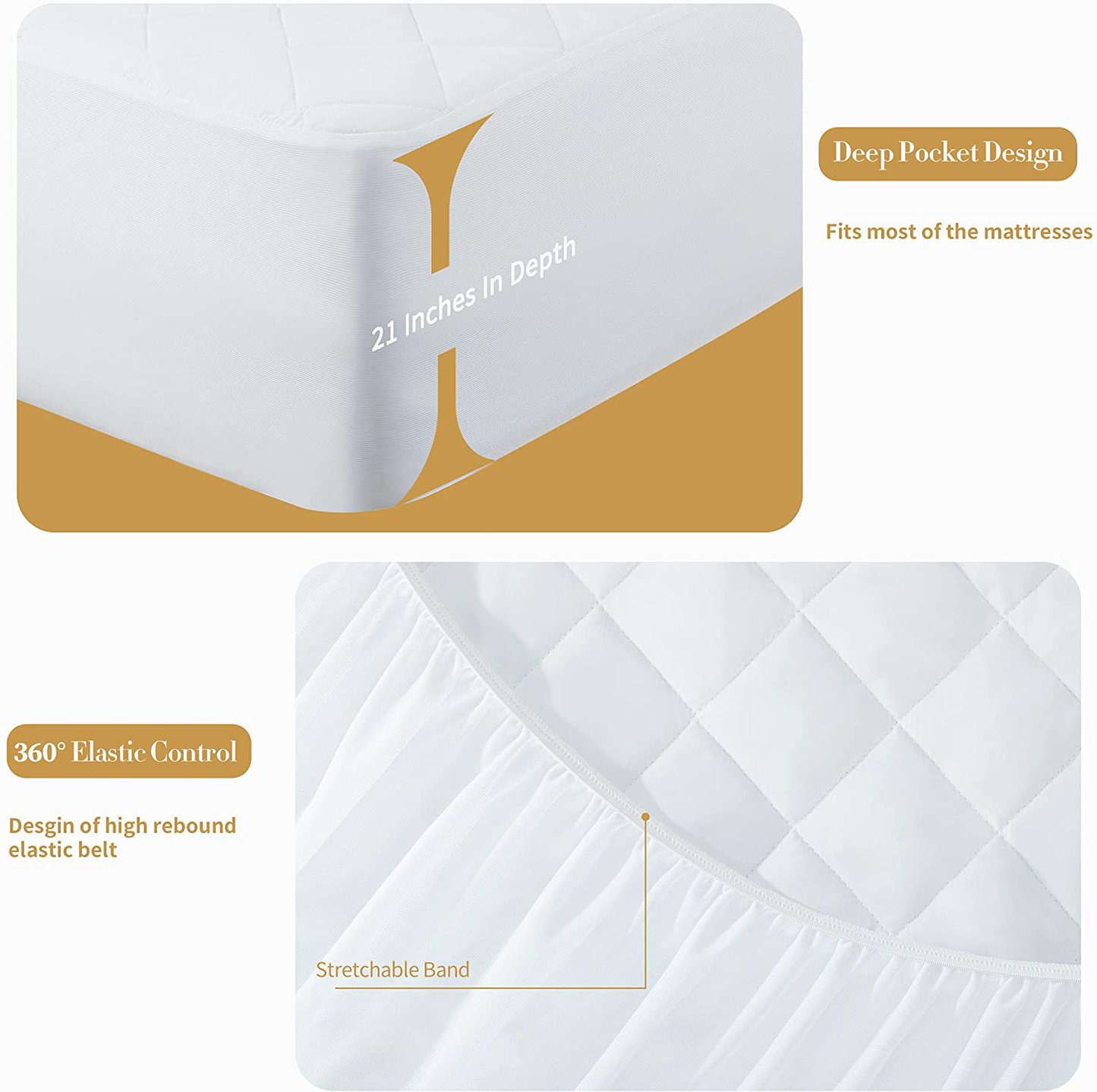 Twin Quilted Fitted Mattress Pad, 100% Waterproof Breathable Mattress Protector Stretches up to 21" Inches, Deep Pocket Cotton Snow Down Alternative Filling Mattress Cover