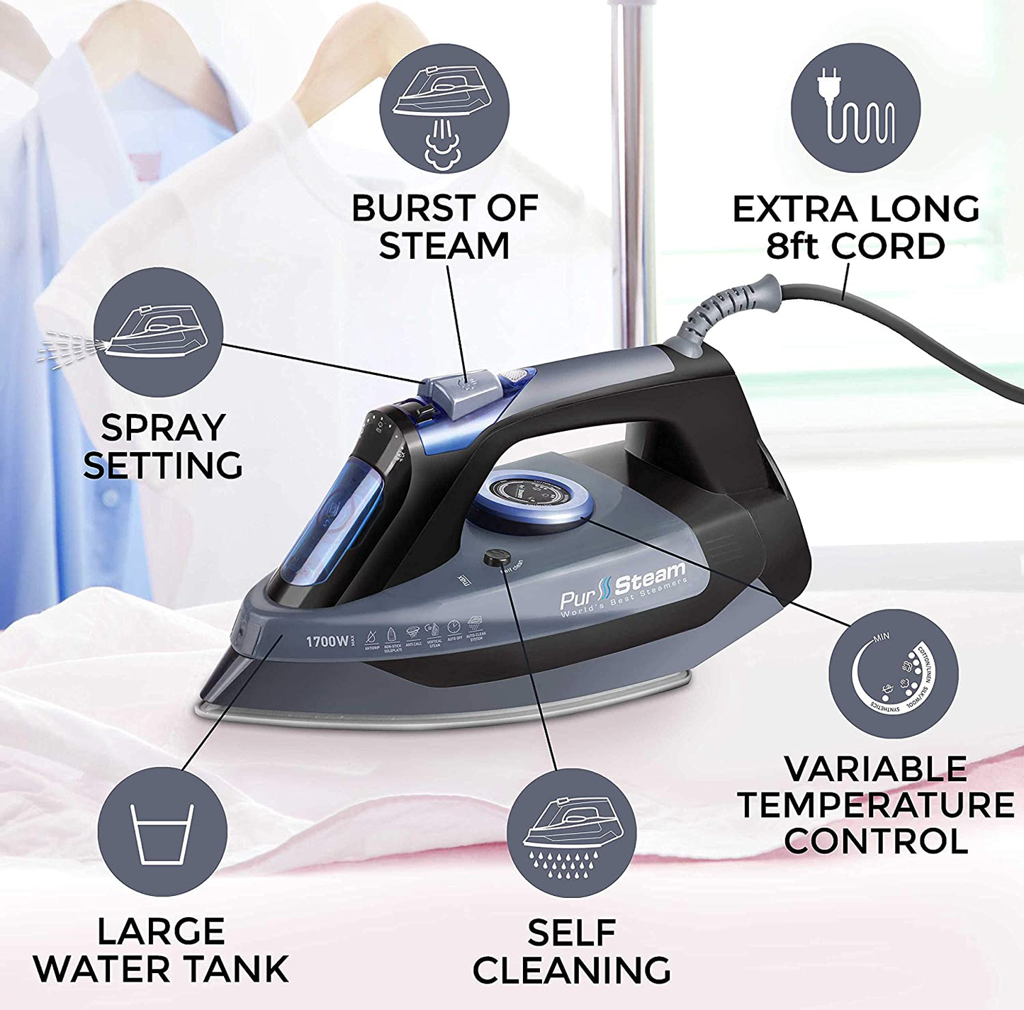 Professional Grade 1700W Steam Iron for Clothes with Rapid Even Heat Scratch Resistant Stainless Steel Sole Plate, True Position Axial Aligned Steam Holes, Self-Cleaning Function