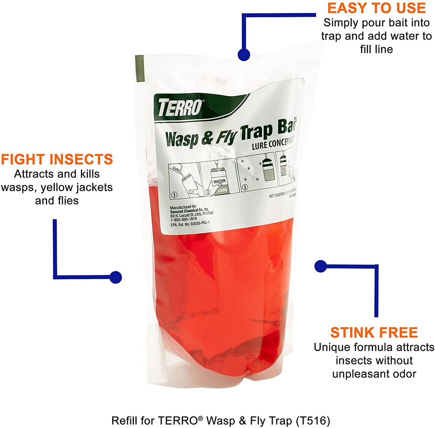 Terro T517 Wasp & Fly Trap - Refill, 755624 , Red