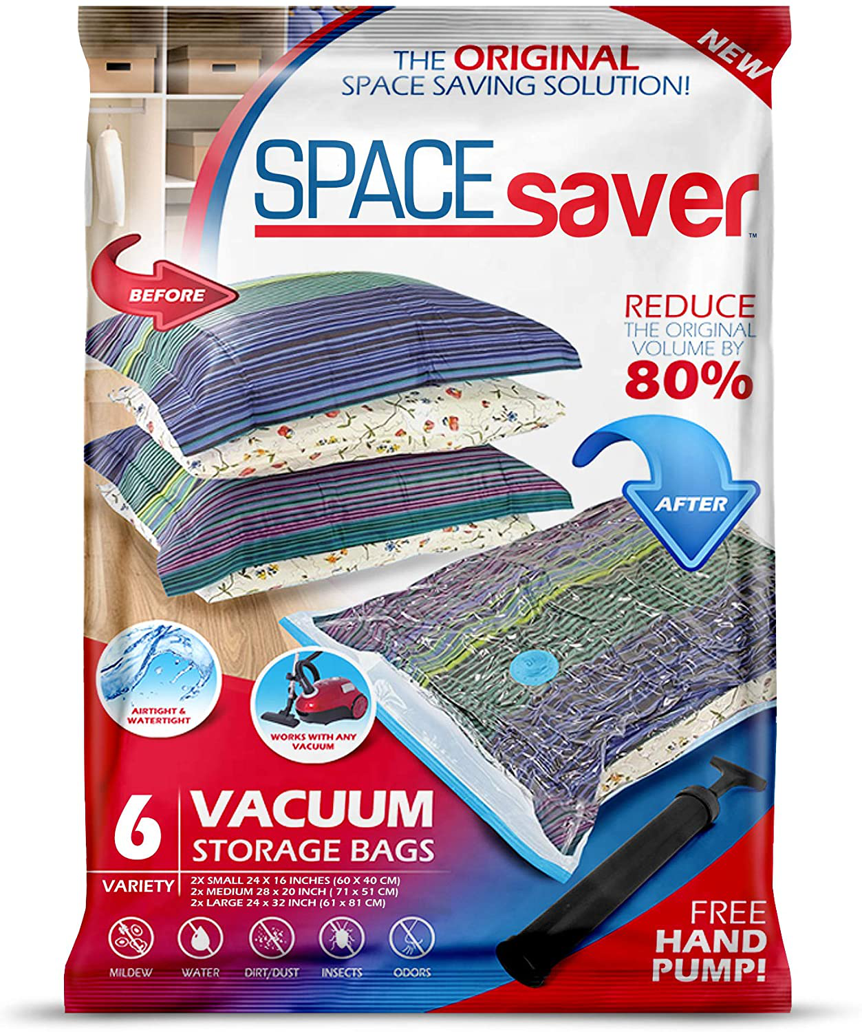 Spacesaver Premium Vacuum Storage Bags (2 x Small, 2 x Medium, 2 x Large) (80% More Storage Than Leading Brands) Free Hand Pump for Travel!