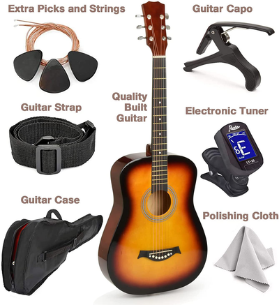 Master-Play Beginner Wood Acoustic Guitar 38” for Boys/Girls/Teens with Accessories Kit, Case, Strap, Pick, Digital Tuner, Extra Strings, Capo, Wash Cloth