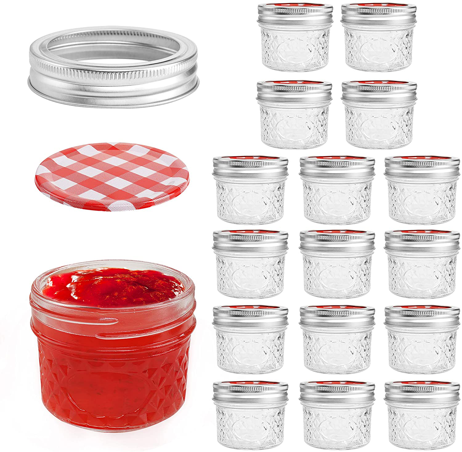 Mini Mason Jars 4 Oz, 16 PACKS Regular Mouth Small Mason Jars with Lids and Bands, Quilted Crystal Style Glass Canning Jars - Red lids