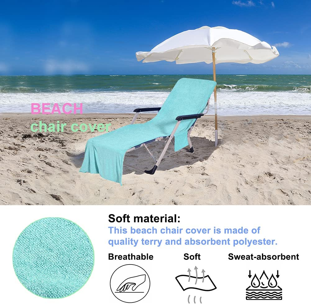 Lounge Chair Towel Covers with Side Pockets, Microfiber Chaise Beach Chair Cover for Pool Sun Lounger Hotel Garden, Easy to Carry, No Sliding