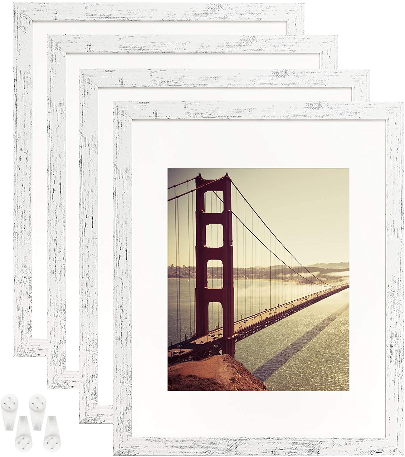 BAIJIALI 11x14 Picture Frame Distressed White Wood Pattern Set of 4 with Tempered Glass,Display Pictures 8x10 with Mat or 11x14 Without Mat, Horizontal and Vertical Formats for Wall