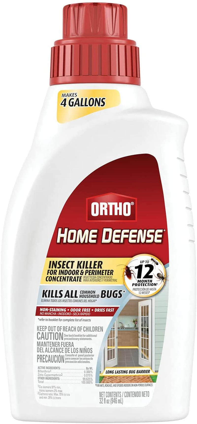 Ortho Home Defense Insect Killer for Indoor & Perimeter2: with Comfort Wand, Kills Ants, Cockroaches, Spiders, Fleas & Ticks, Odor Free, 1.1 Gal.
