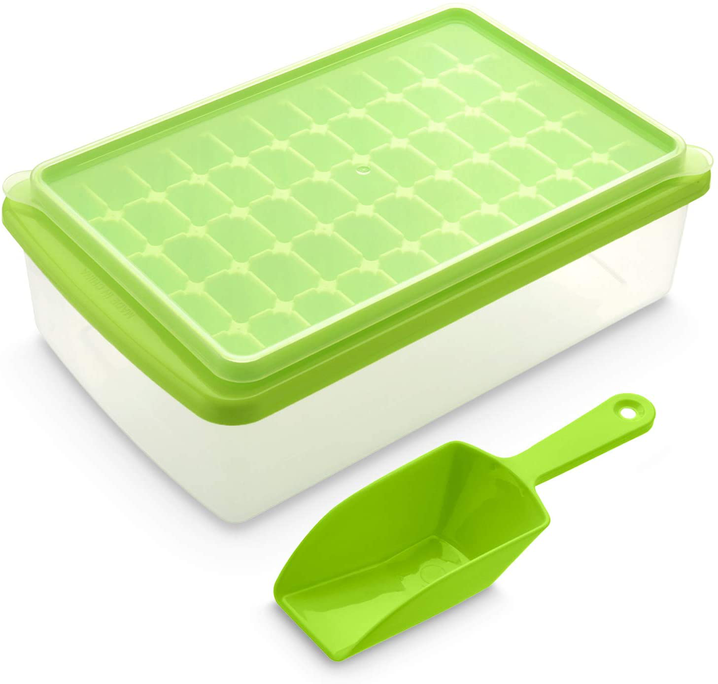 Ice Cube Tray With Lid and Bin- Silicone Ice Tray For Freezer | Comes with Ice Container, Scoop and Cover | Good Size Ice Bucket (Green)