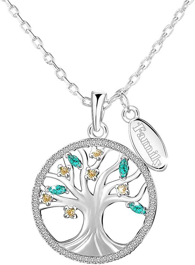 Family Tree of Life Necklace for Wife Emerald Necklace for Girlfriend Birthday Gifts Women Jewelry Green Zircon Copper with Gift Box