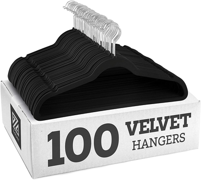 ZOBER Non-Slip Velvet Hangers - Suit Hangers (100 Pack) Ultra Thin Space Saving 360 Degree Swivel Hook Strong and Durable Clothes Hangers Hold Up-to 10 Lbs, for Coats, Jackets, Pants, Dress Clothes