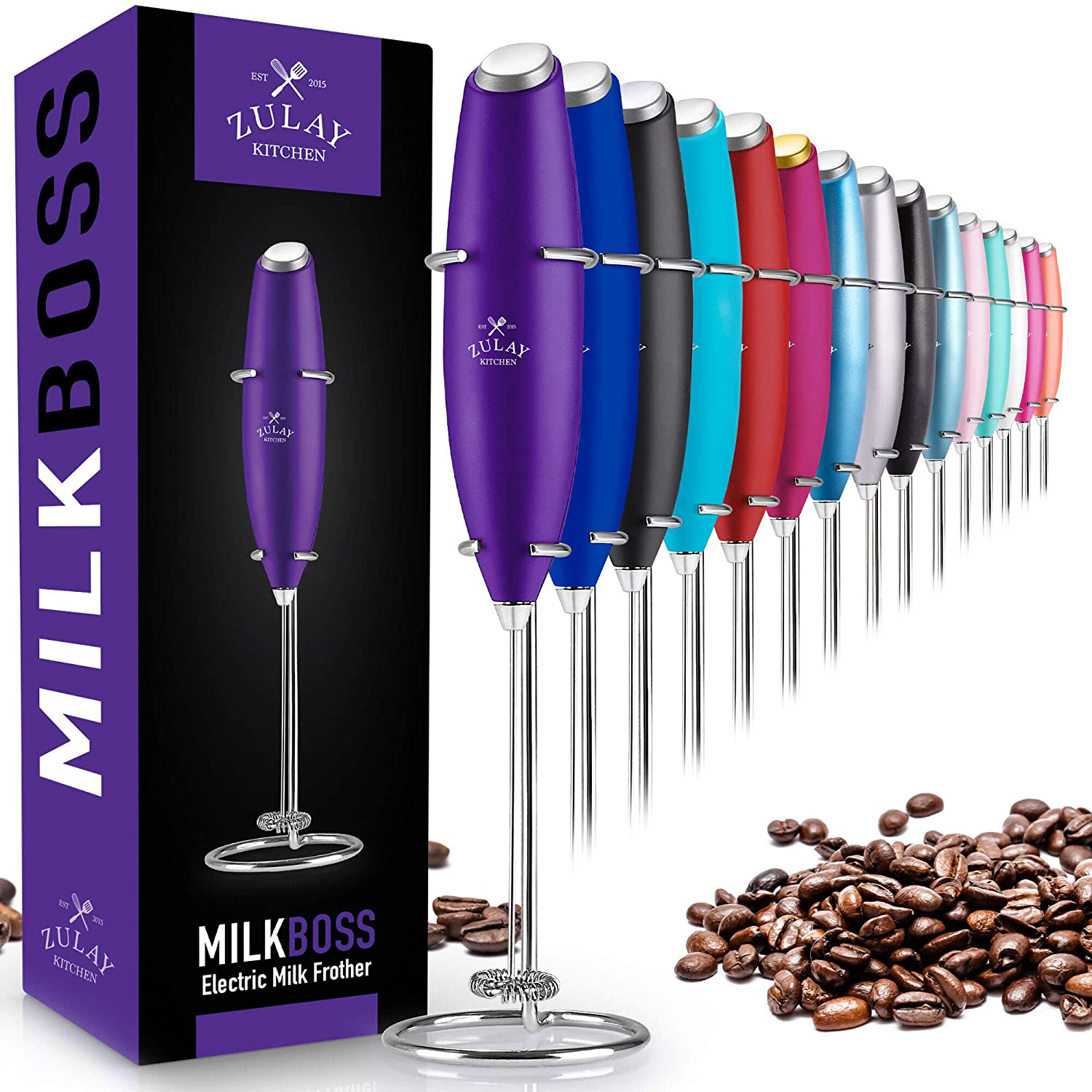 Zulay Original Milk Frother Handheld Foam Maker for Lattes - Whisk Drink Mixer for Coffee, Mini Foamer for Cappuccino, Frappe, Matcha, Hot Chocolate by Milk Boss