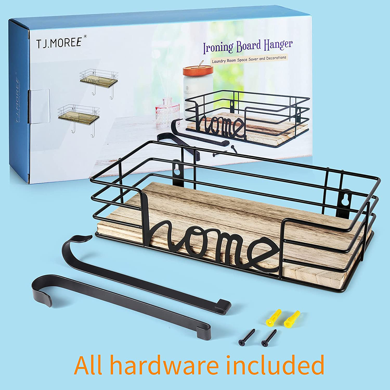 TJ.MOREE Laundry Room Decor-Ironing Board Hanger- Metal Wall Mount Iron and Ironing Board Holder, Laundry Room Organization and Storage with Large Storage Black Wooden Base Basket and Removable Hooks