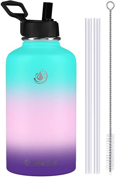Umite Chef Water Bottle, Vacuum Insulated Wide Mouth Stainless-Steel Sports 32OZ Water Bottle with New Wide Handle Straw Lid,Hot Cold, Double Walled Thermo Mug Hydrangea