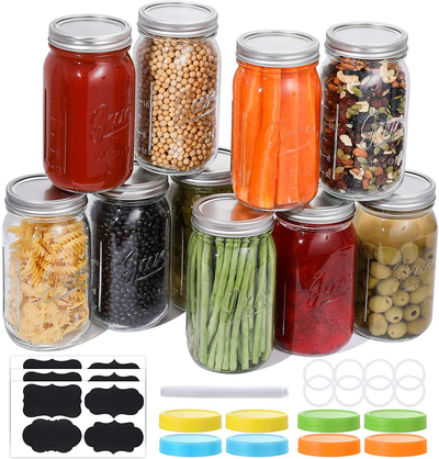 Wide Mouth Mason Jars 32 Oz, 8 PACK Large Glass Canning Jars with Metal Airtight Lids and Bands, Extra Leak-Proof Colored Lids, Chalkboard Labels and Marker, for Meal Prep, Food Storage, Canning, Preserving, Drinking, DIY Projects