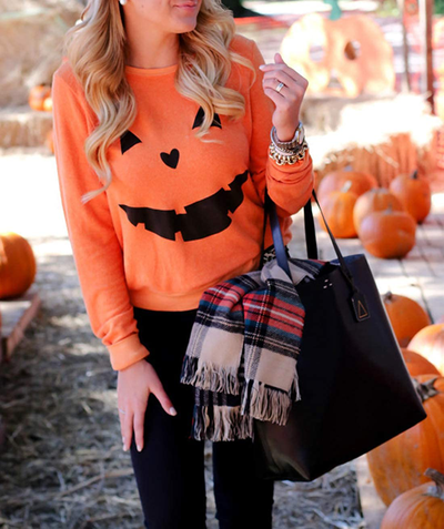Women's Halloween Pumpkin Face Long Sleeve Sweatshirts Lightweight Casual Pullover Tops