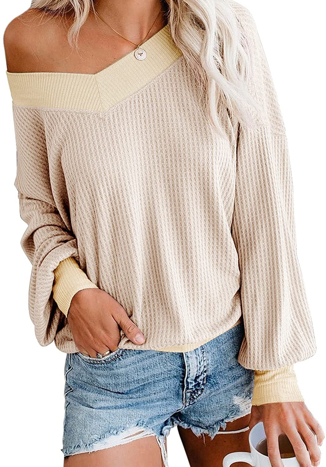 Adreamly Women's V Neck Long Sleeve Waffle Knit Top Off Shoulder Oversized Pullover Sweater