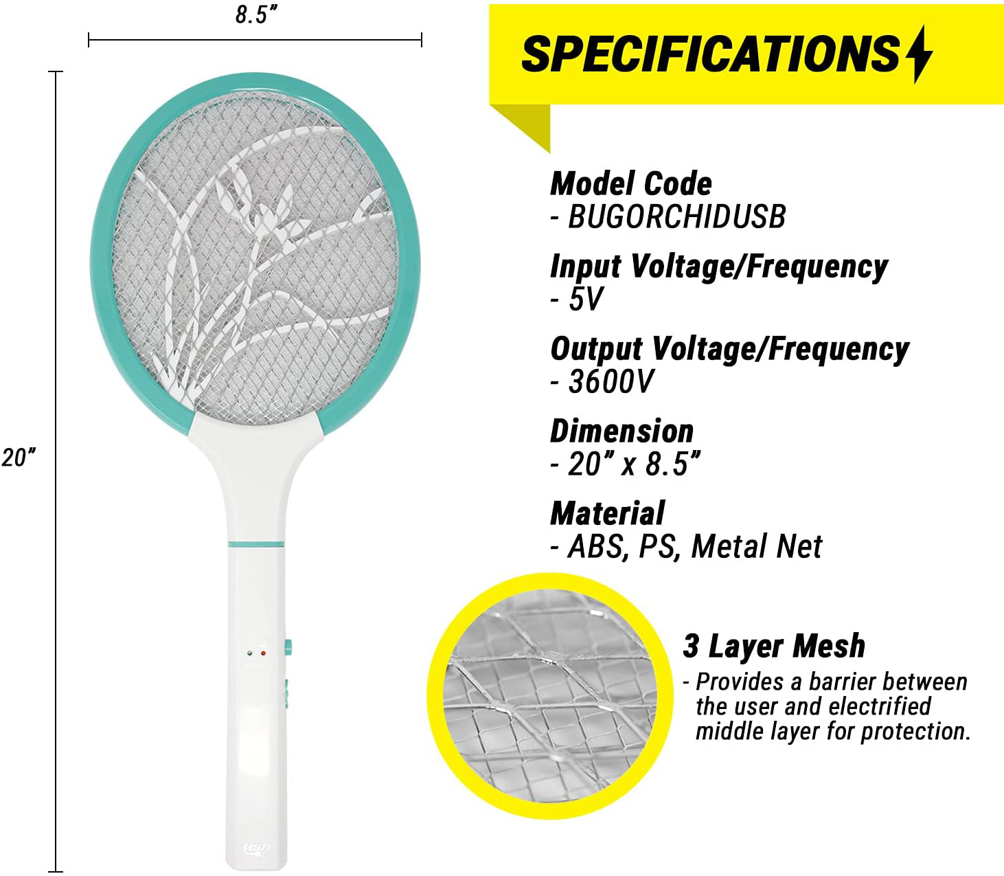 BugKwikZap 2PK of USB Rechargeable Electric Bug Zapper 3600V, Mosquito Killer Racket, Rechargeable Battery Powered Fly Swatter Great for Home, Outdoor Picnics (White-Aqua)