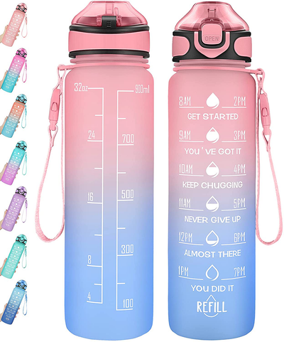 Water Bottle 32oz with Straw, Motivational Water Bottle with Time Marker & Buckle Strap,Leak-Proof Tritan BPA-Free, Ensure You Drink Enough Water for Fitness, Gym, Camping, Outdoor Sports