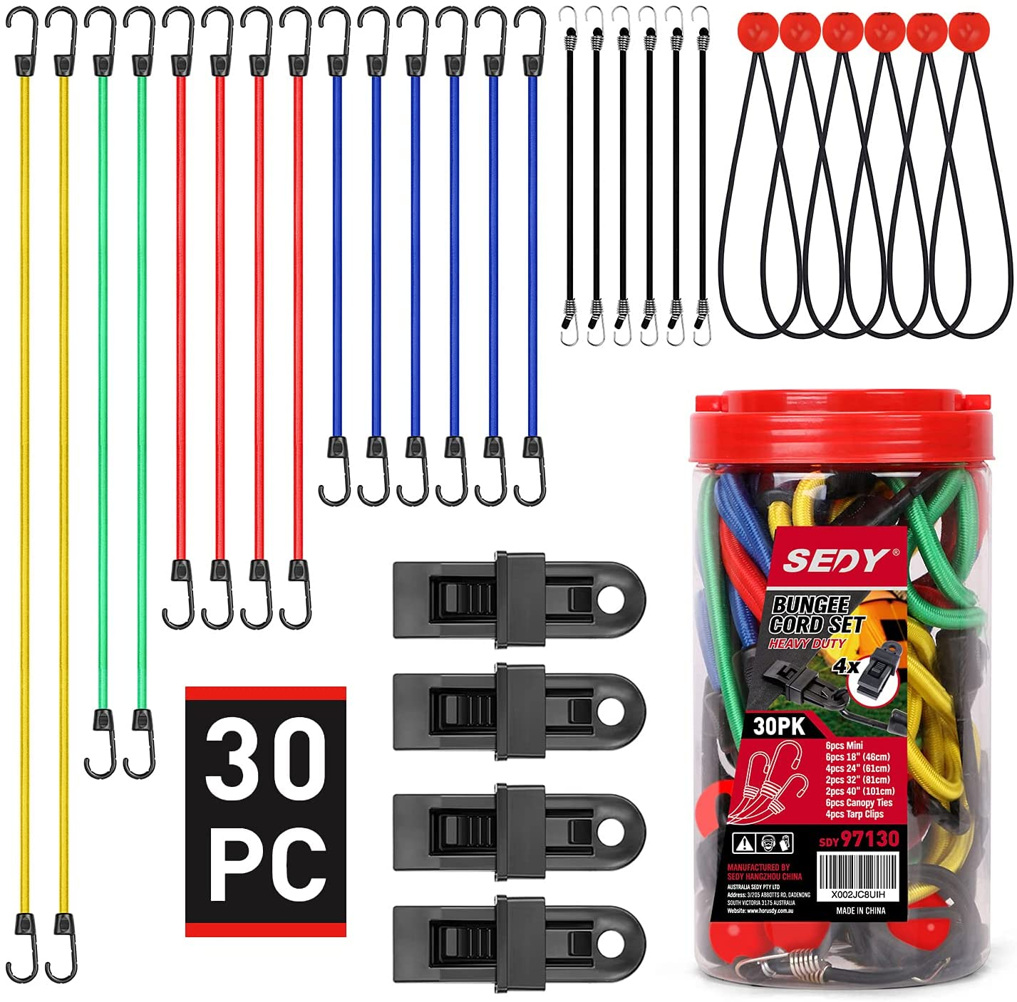 30-Pieces Premium Bungee Cords Assortment Jar, Includes 10”, 18”, 24”, 32”, 40” Bungee Cords & 8” Canopy/Tarp Ball Ties & 4 Crocodile Mouth Tarp Clips