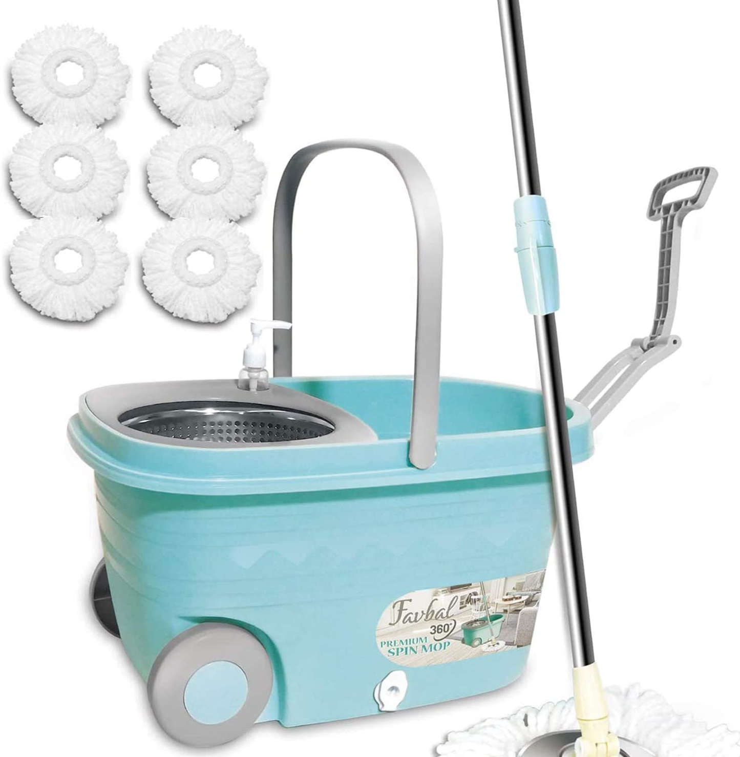 Spin Mop Bucket Floor Cleaning - Favbal Mop and Bucket with Wringer Set Spinning Mopping Buckets Cleaning Supplies with 6 Replacement Refills,61" Extended Handle for Home Hardwood Floors Tiles