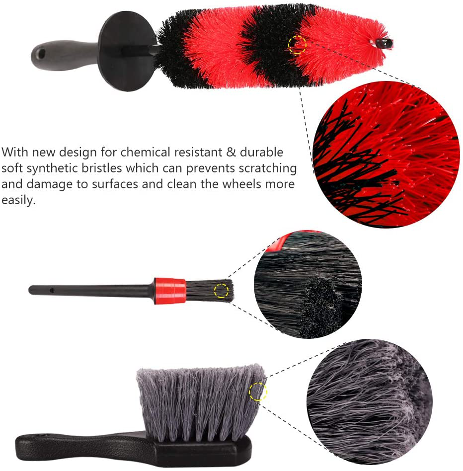 SPTA 9Pcs Wheel & Tire Brush Car Detailing kit, Easy Reach Wheel and Rim Brush, 5pcs Detailing Brushes, Short Handle Cleaning Brush, 1pc Microfiber Cleaning Cloth, Great to Clean Dirty Tires